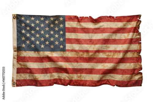 Worn US flag, tattered edges, white background, patriotic