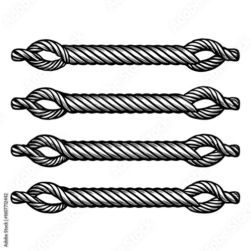 Art of four parallel ropes with knots on a white background