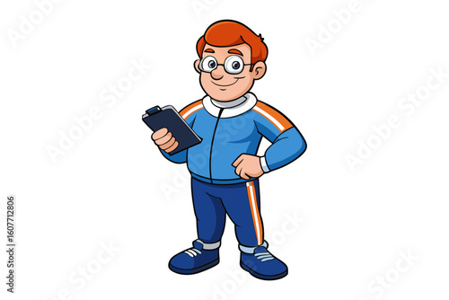 Friendly cartoon businessman wearing headphones and suit working on a laptop smiling with enthusiasm and professionalism