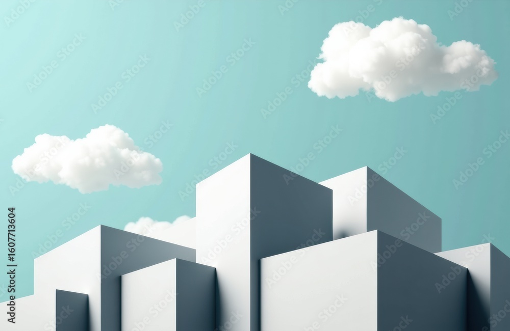 Fototapeta premium Modern white geometric buildings with a bright sky and fluffy clouds creating a minimalist urban scene