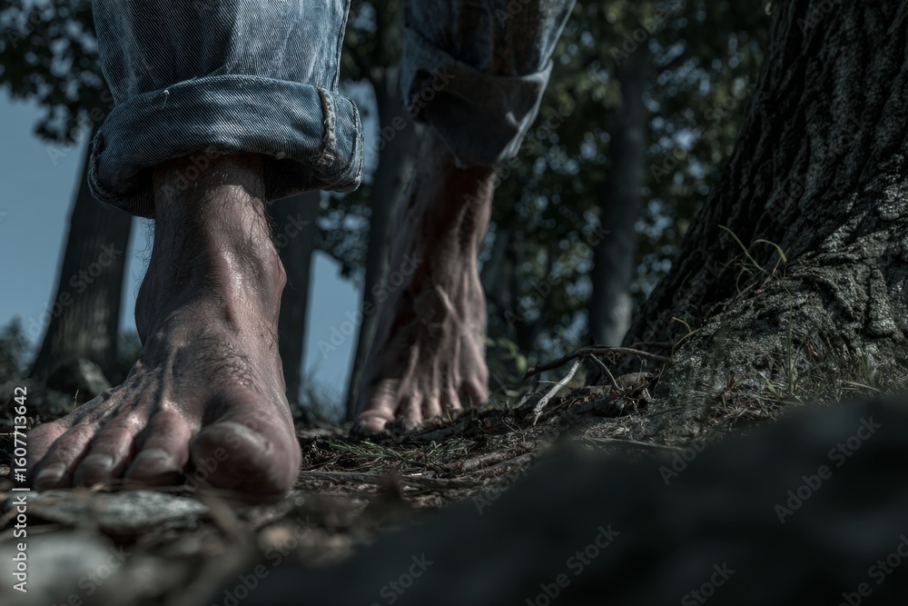 Fototapeta premium Forest wellness: barefoot walking for urban escape. Wellness trends. Discover unique european wellness practices for a balanced lifestyle. Community wellness. Wellness journey.
