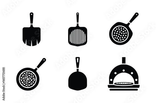 Pizza oven and baking tools silhouettes peel spatula