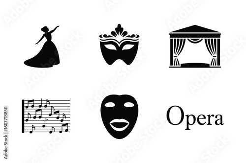 Silhouette dancer opera mask musical notes stage and word opera vector