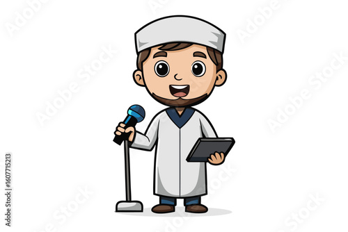 Smiling cartoon muslim boy wearing a green thobe and kufi holding a book on a white background