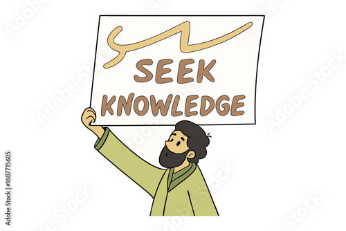 Smiling muslim woman in hijab teaching arabic grammar using a chart with arabic script and symbols