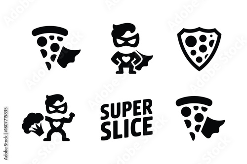 Superhero pizza slice shield and broccoli character with text vector