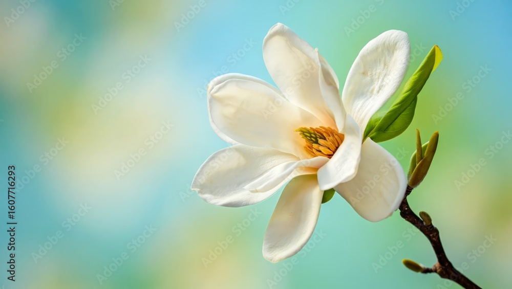 Fototapeta premium Elegant closeup of a creamy white magnolia flower on a slender branch against a soft blue bokeh background with ample space for text design.