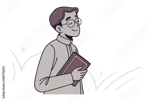 A charming cartoon illustration of an ancient wise man holding a scroll with a gentle smile