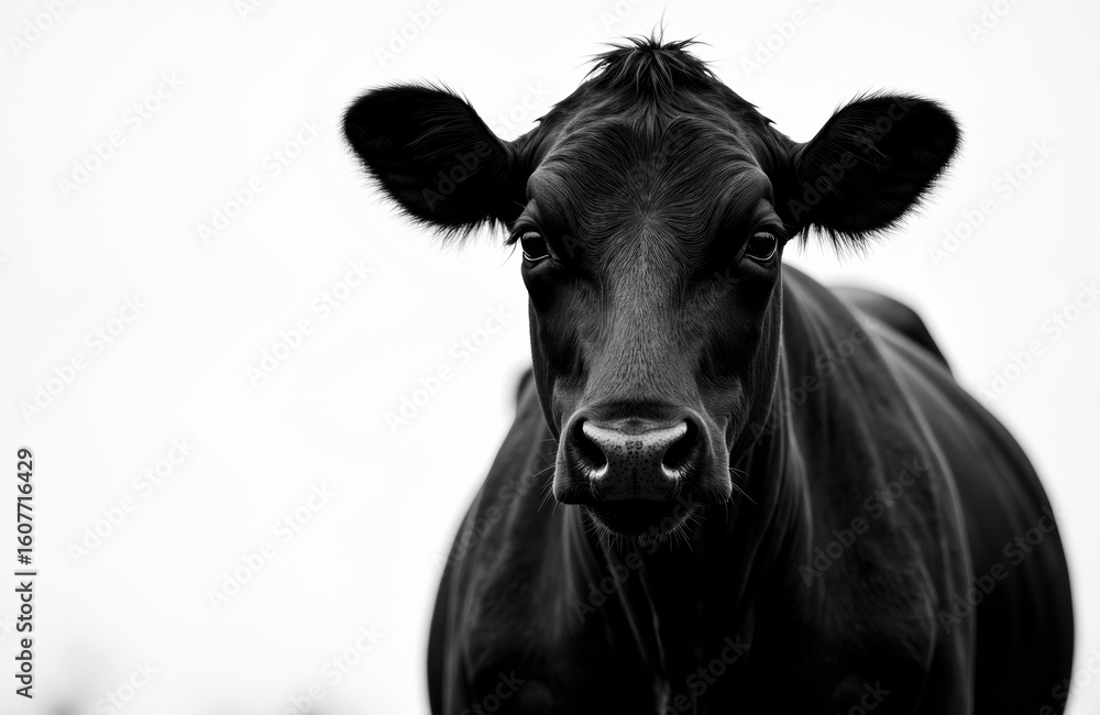 Fototapeta premium Close-up of a black cow facing forward with a plain white background