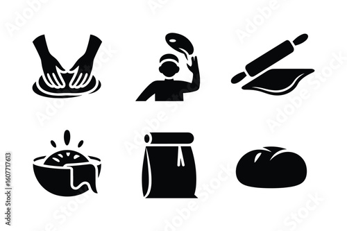 Baking preparation process icons showing hands kneading dough person tossing dough rolling pin dough bowl with