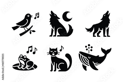 Bird on branch wolf howling moon cat sitting frog on lily pad whale spouting music notes