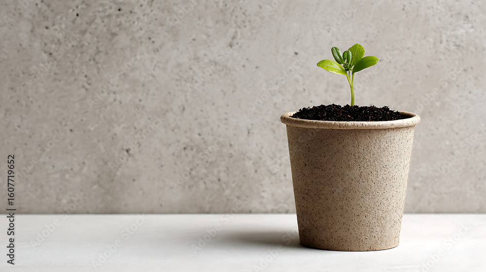 Fototapeta premium Tiny green sprout growing in a simple paper pot against a textured gray background seedling plant