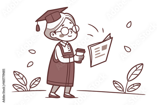 Friendly cartoon elderly gentleman with glasses and a book wearing a vest and tie ready to teach