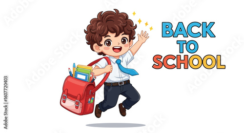 Happy Boy in School Uniform Jumping with Excitement