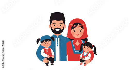 Happy Muslim Family in Traditional Clothing