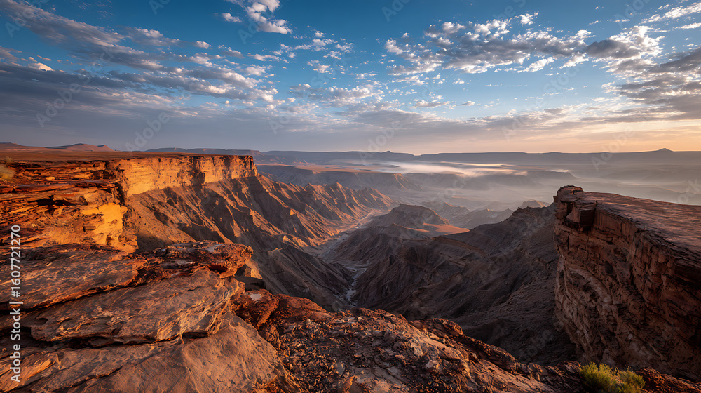 Obraz premium Vast canyon landscape bathed in golden sunrise light with dramatic rock formations and wispy clouds
