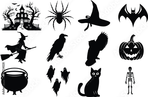 set of halloween element silhouette collection. Black and white vector editable file. pumpkin, ghost, cat, cauldron, horror house, female witch ride, owl, raven bird, skeleton, spider, witch hat