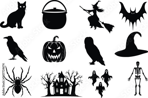 set of halloween element silhouette collection. Black and white vector editable file. pumpkin, ghost, cat, cauldron, horror house, female witch ride, owl, raven bird, skeleton, spider, witch hat