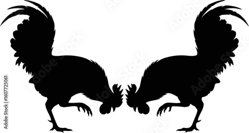 Two black roosters facing each other in a stylized, aggressive pose, wings spread.