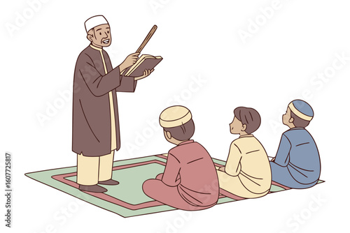 Elderly muslim man wearing a kufi and glasses reads a book surrounded by stacked tomes