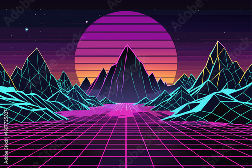 Digital Grid Landscape Merging into Mountain Silhouette