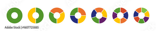 Multicoloured diagrams infographic. Circle section graph. Wheels divided in sections. Multicolored donut charts, pies segmented on from 1 to 7 equal parts. Loading bar mockup. Pie, pizza chart layout.