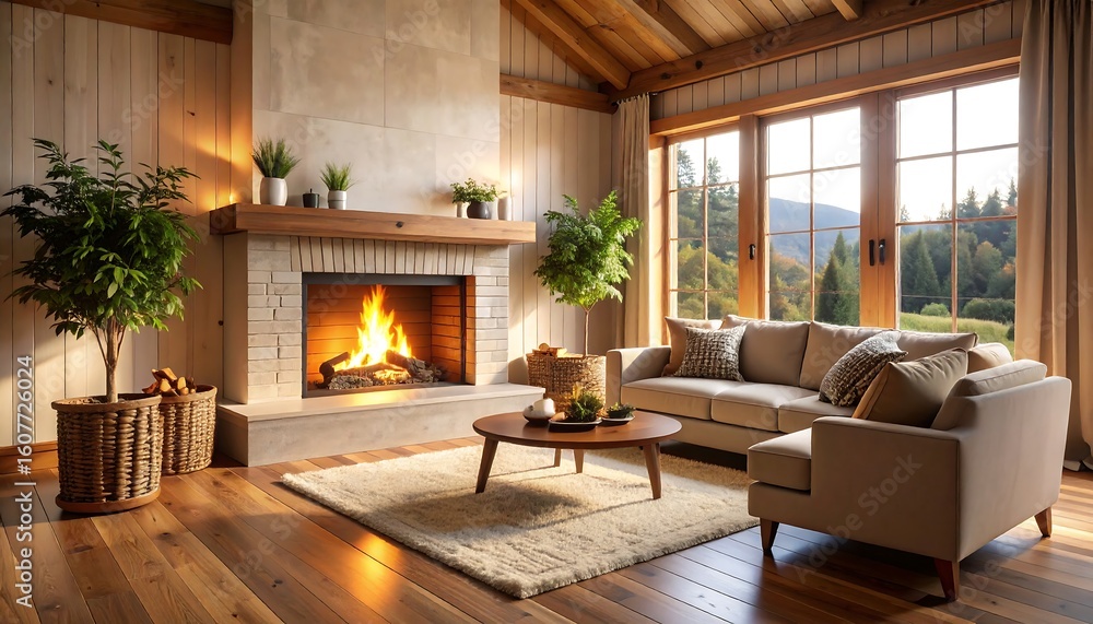 Cozy, rustic living room with fireplace and mountain view Cozy, rustic living room with fireplace and mountain view