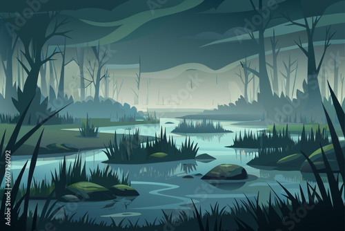 Foggy Marshland with Grass Clusters and Dark Water