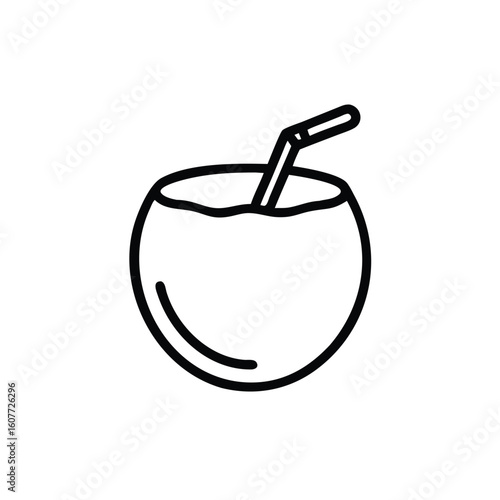 Minimalist outline icon a coconut with a straw drink beverage