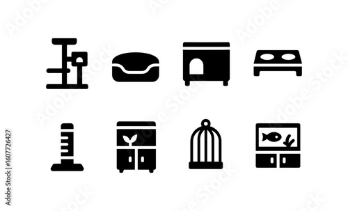 Pet furniture icons: cat trees, dog beds, fish tanks, and bird cages