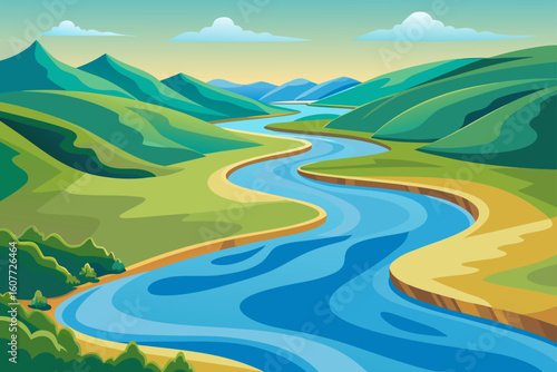 Gently Rippling River Seen from Above with Curved Banks