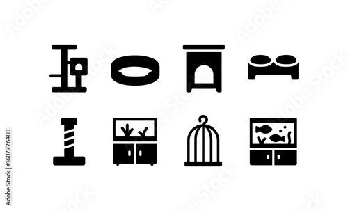 Pet supplies icons: silhouette set of essential items for cats and fish
