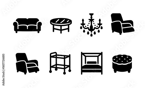 Set of modern furniture icons in black silhouette style for home decor