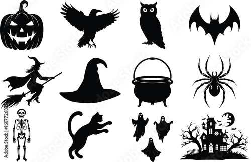 set of halloween element silhouette collection. Black and white vector editable file. pumpkin, ghost, cat, cauldron, horror house, female witch ride, owl, raven bird, skeleton, spider, witch hat