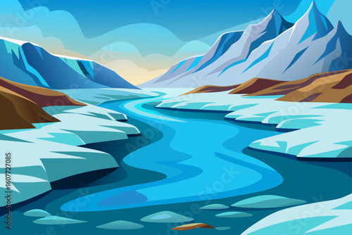 Lowland Glacier Melt Stream with Icy Ground and Smooth Rocks