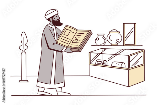 Young muslim boy wearing a kufi hat happily studying sacred islamic books on a table