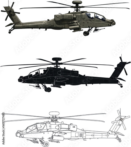 AH-64 Apache Helicopter: 3 Unique Styles – Realistic Color, Bold Silhouette & Technical Line Art | Military Aircraft Vector Art