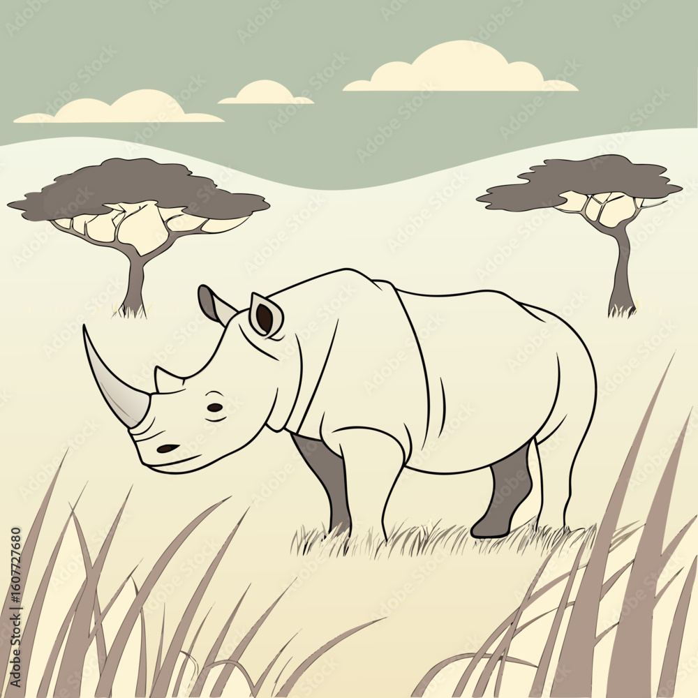 Fototapeta premium Rhinoceros standing in the grassland with trees and clouds in background 