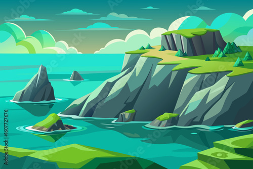 Rocky Peninsula Jutting into Flat Green Sea Surface