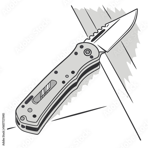 Pocket knife resting on wooden surface with sharp blade exposed  