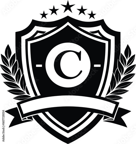 Classic black and white emblem featuring a prominent letter c surrounded by laurel wreaths and stars atop a shield with a blank banner