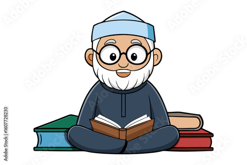 A bearded muslim man wearing a white kufi and blue robe sitting cross legged reading a book