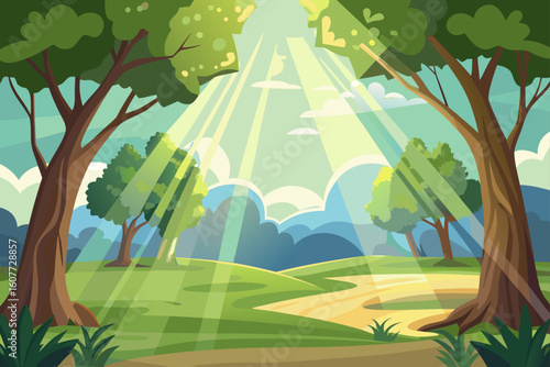 Sunlight Pouring Through Tree Canopy Over Open Grassland