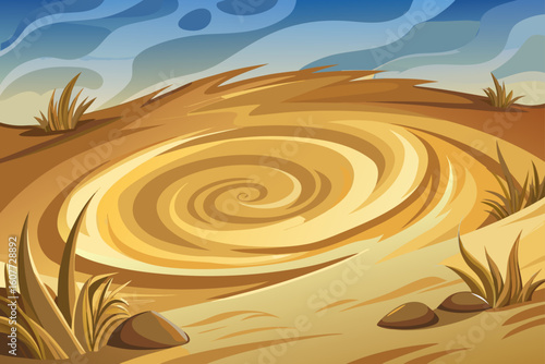 Swirling Sand Patterns with Ripple Textures and Dramatic Sky