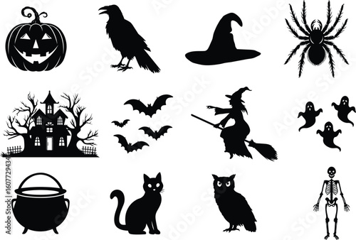 set of halloween element silhouette collection. Black and white vector editable file. pumpkin, ghost, cat, cauldron, horror house, female witch ride, owl, raven bird, skeleton, spider, witch hat