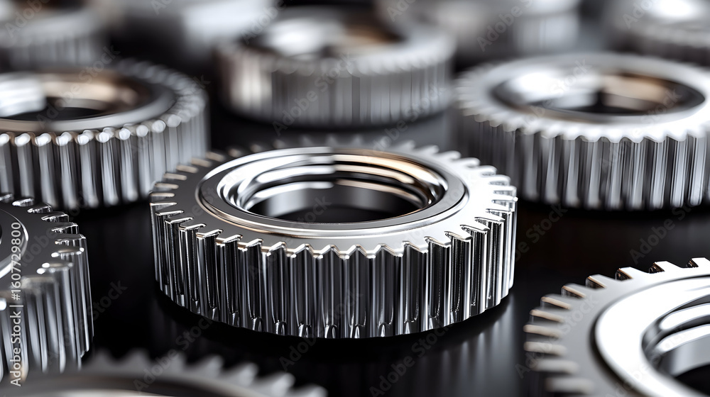 Close-up of several metallic gears on a dark reflective surface. Close-up of several metallic gears on a dark reflective surface.