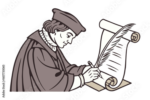 Friendly cartoon man wearing a blue turban and vest holding a tablet computer