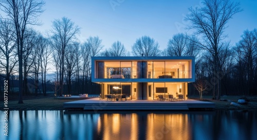 Modern glass house illuminated at dusk by a lake