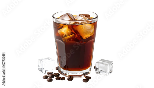 Cold brew coffee in transparent cup with ice on white background simple style png
