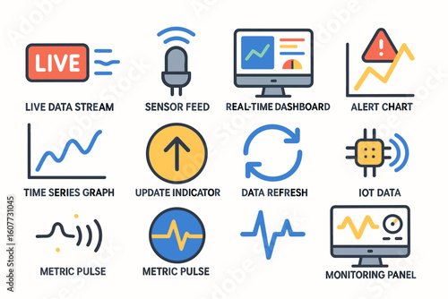 Set of 12 Data and Technology Monitoring Icons including Live Stream, Dashboard, IoT, and Alerts